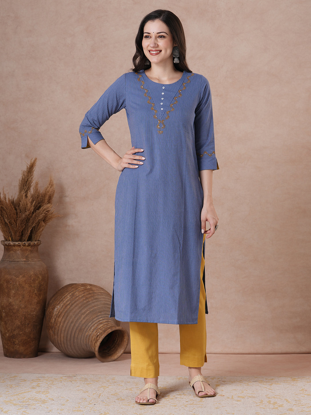 Striped Straight Kurta with V Bias Yoke Cordwork & Sequin Details.