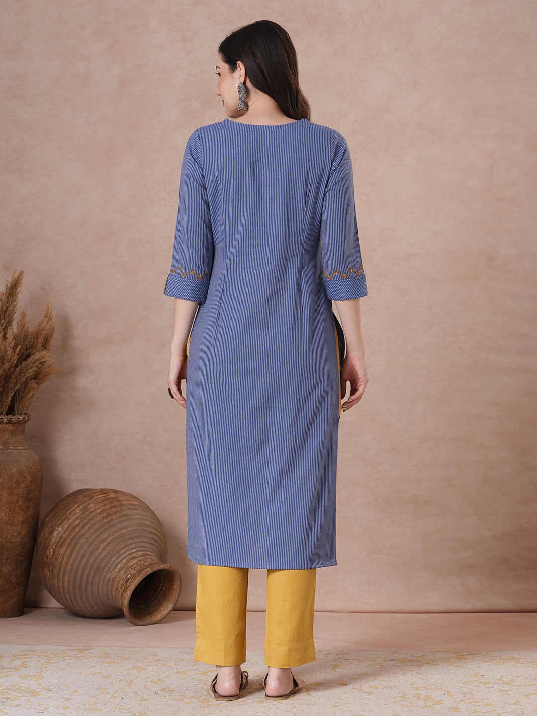 Striped Straight Kurta with V Bias Yoke Cordwork & Sequin Details.
