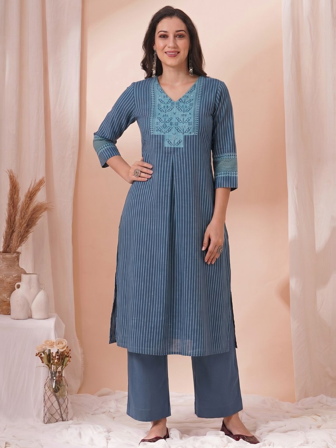 Striped A-Line Kurta with Sequins Work, featuring contrast printed yoke & Side Pocket.