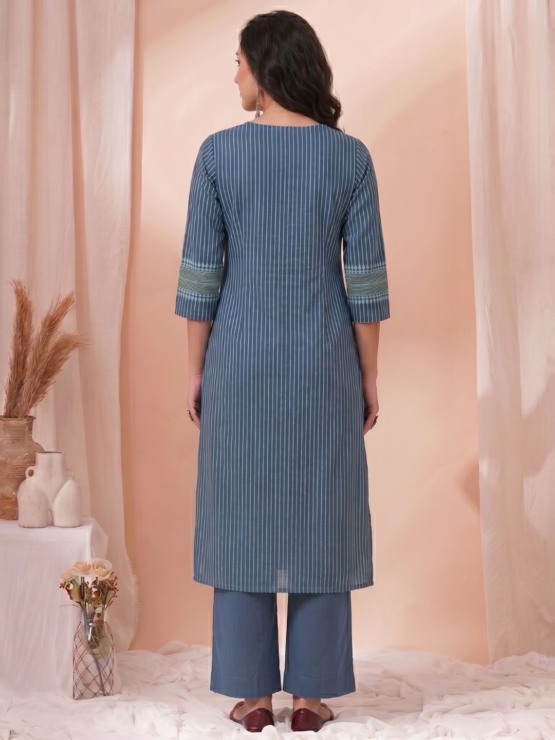 Striped A-Line Kurta with Sequins Work, featuring contrast printed yoke & Side Pocket.