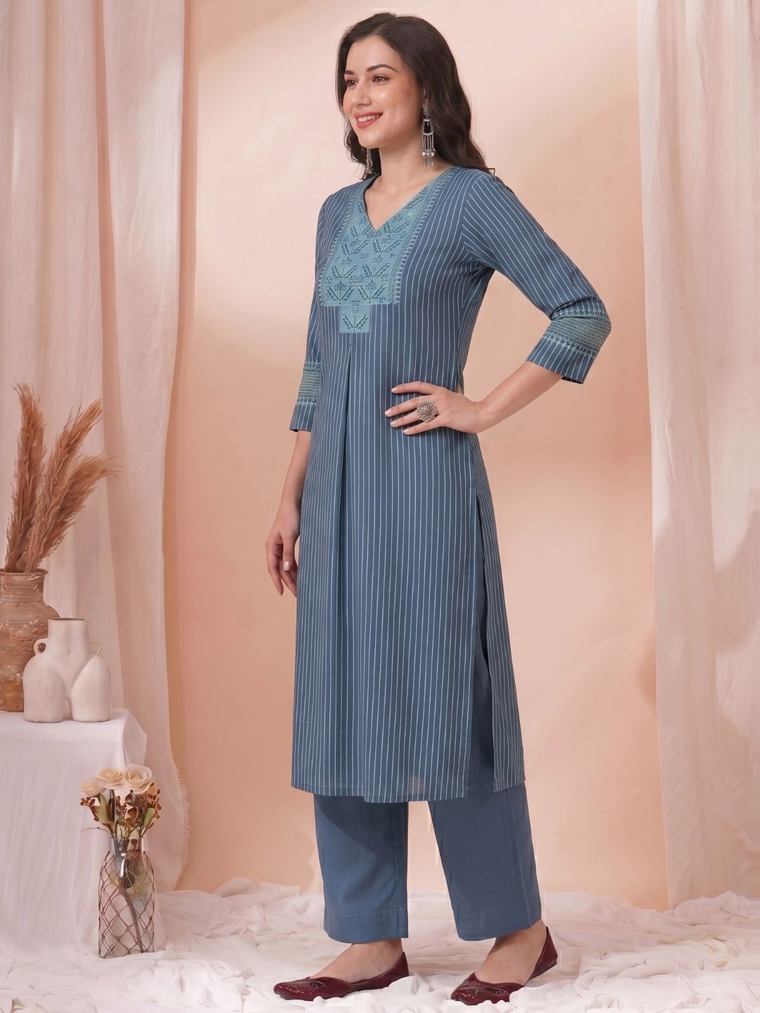 Striped A-Line Kurta with Sequins Work, featuring contrast printed yoke & Side Pocket.