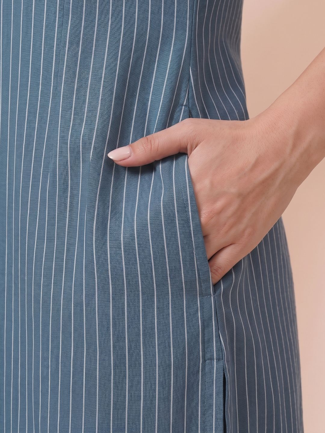 Striped A-Line Kurta with Sequins Work, featuring contrast printed yoke & Side Pocket.