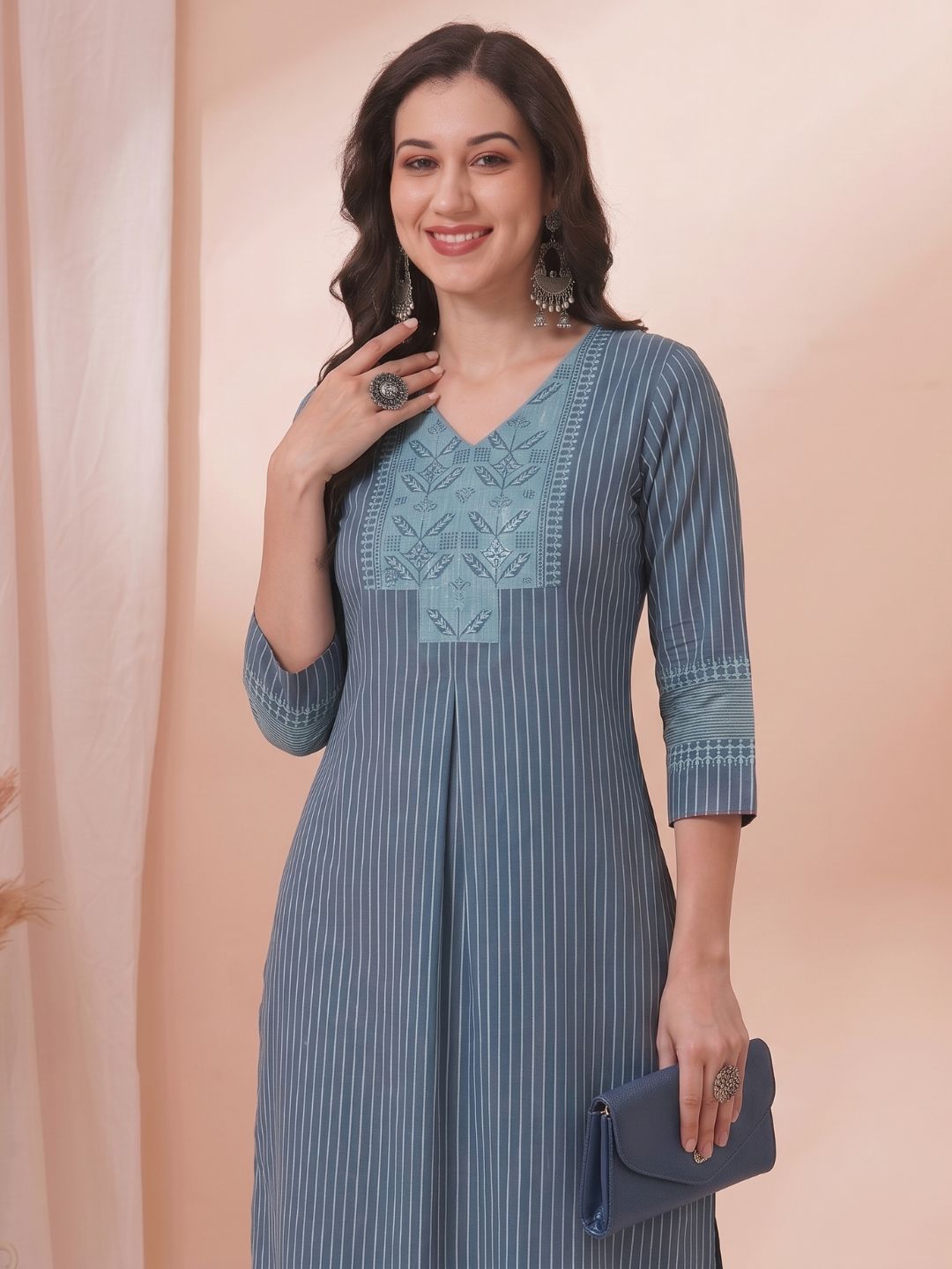 Striped A-Line Kurta with Sequins Work, featuring contrast printed yoke & Side Pocket.