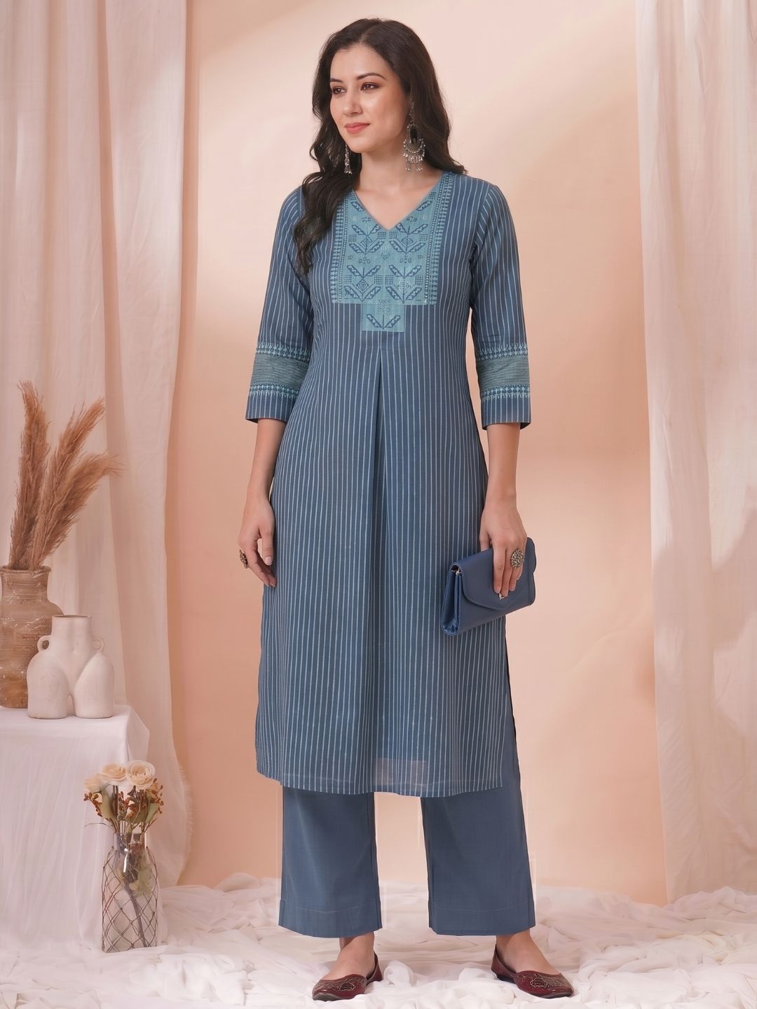 Striped A-Line Kurta with Sequins Work, featuring contrast printed yoke & Side Pocket.