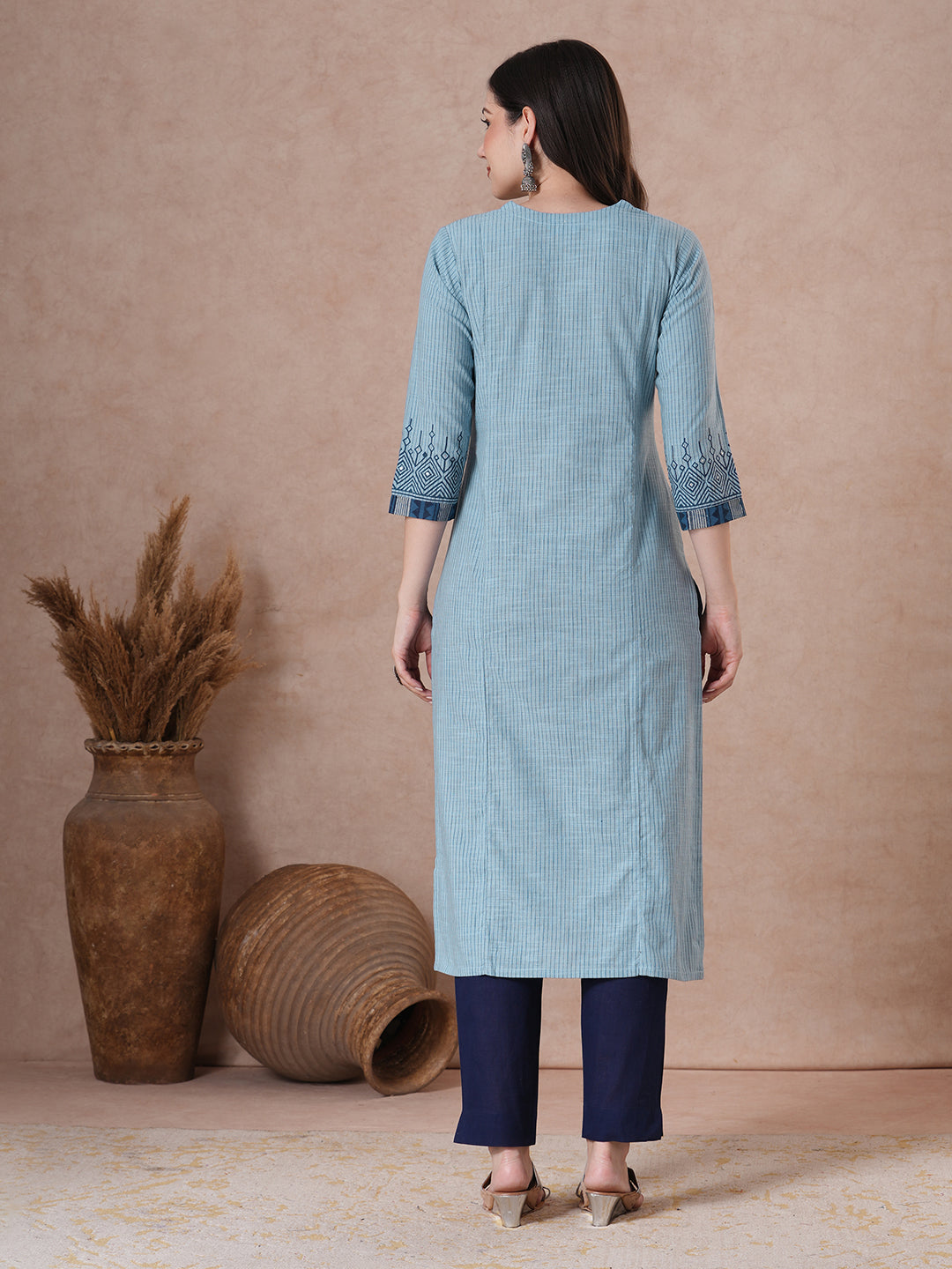 Striped Kurta with Dabu Print Yoke, Block Print & Handwork Detail.