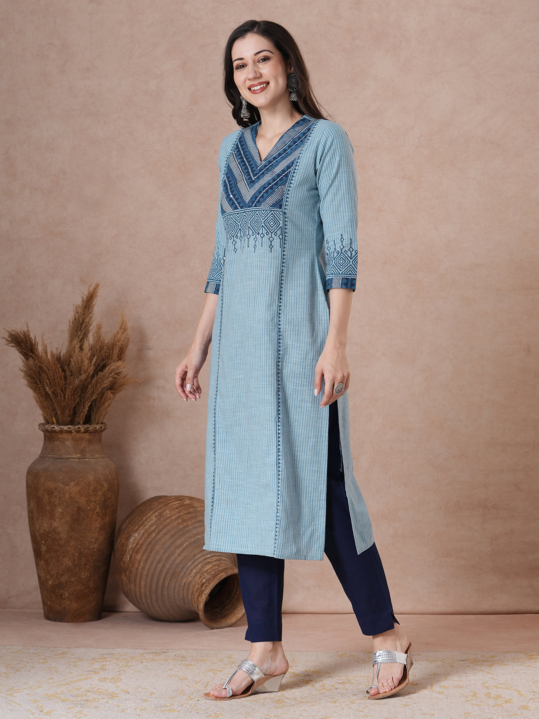 Plus size- Cotton Striped Straight Kurta Featuring Dabu Print Yoke, Block Print and Hand Embroidery Detail