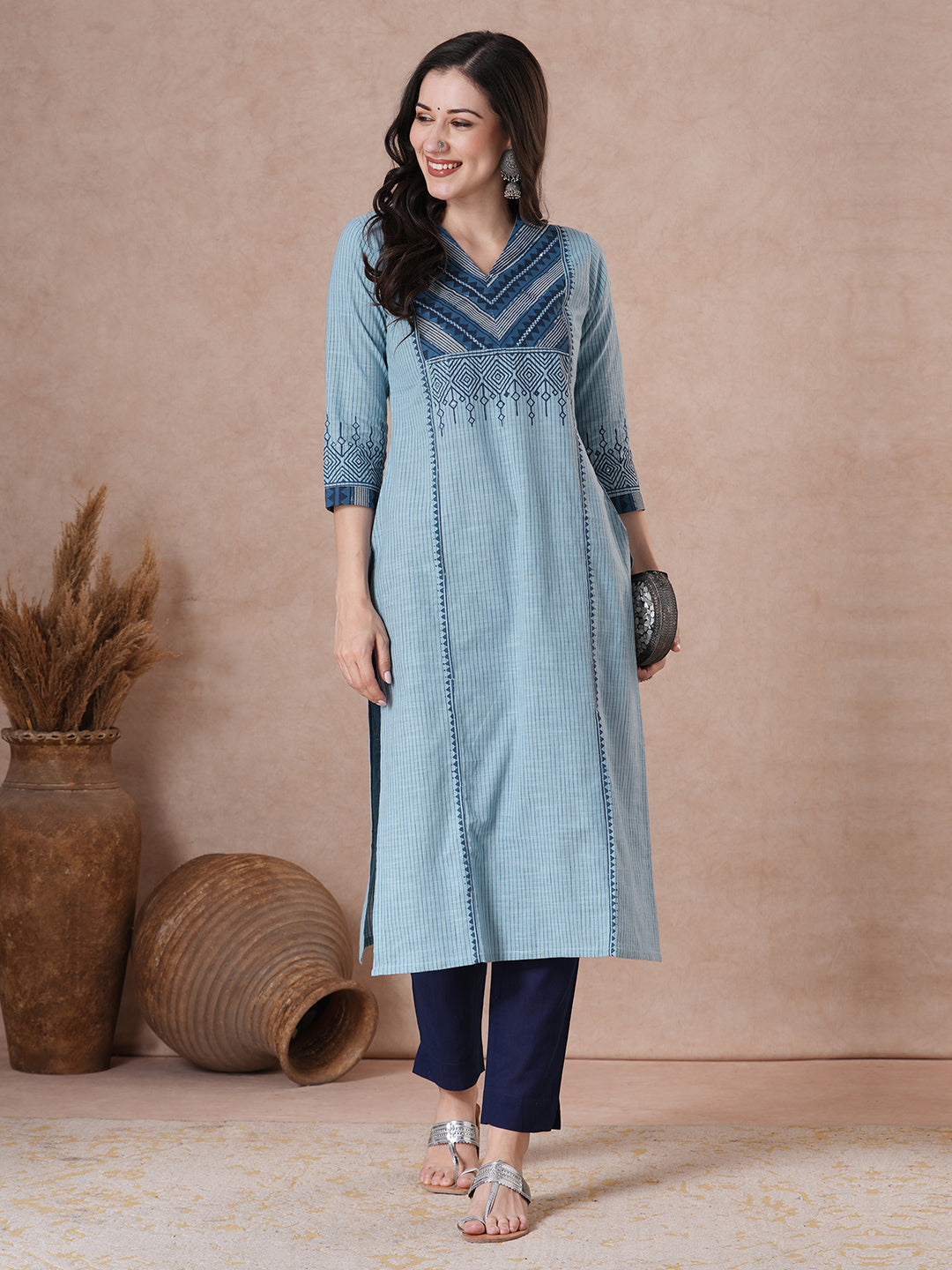 Plus size- Cotton Striped Straight Kurta Featuring Dabu Print Yoke, Block Print and Hand Embroidery Detail