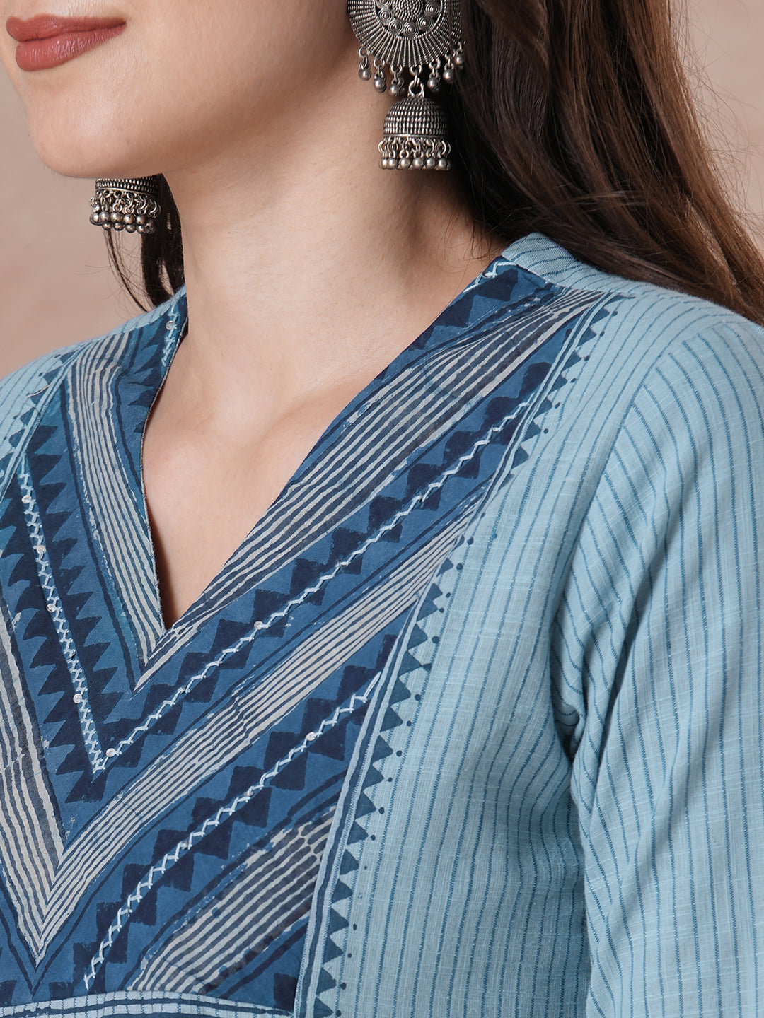 Plus size- Cotton Striped Straight Kurta Featuring Dabu Print Yoke, Block Print and Hand Embroidery Detail