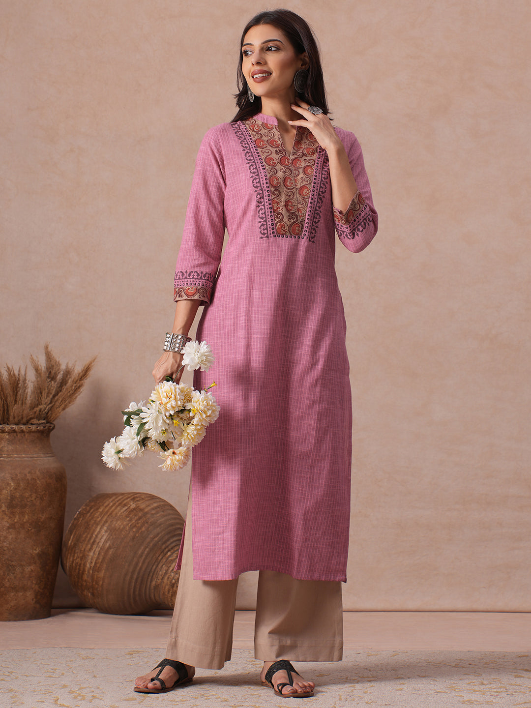 Straight Fit Woven Stripe Cotton Kurta with Kalamkari and Block Print Detailing.