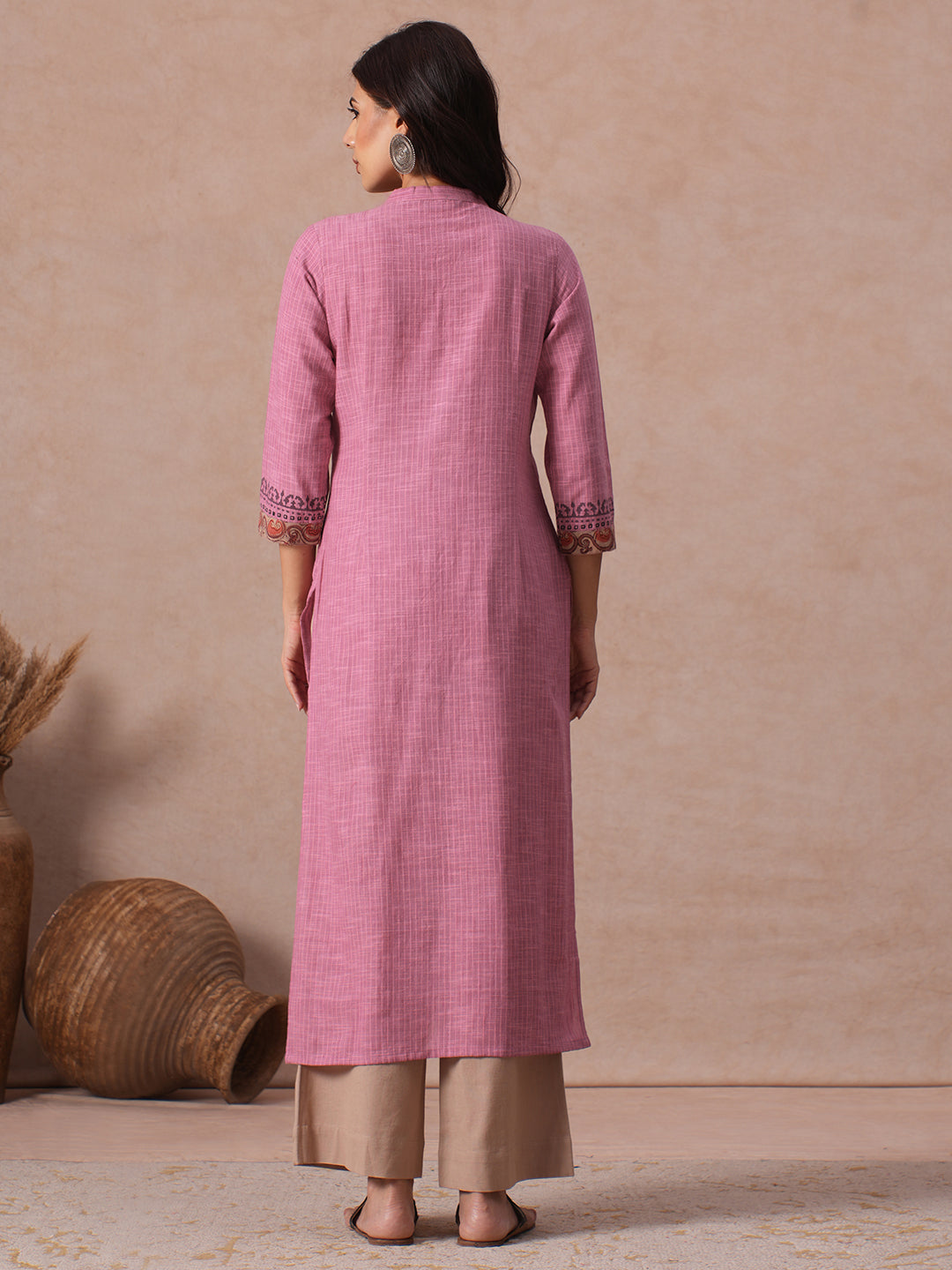 Straight Fit Woven Stripe Cotton Kurta with Kalamkari and Block Print Detailing.
