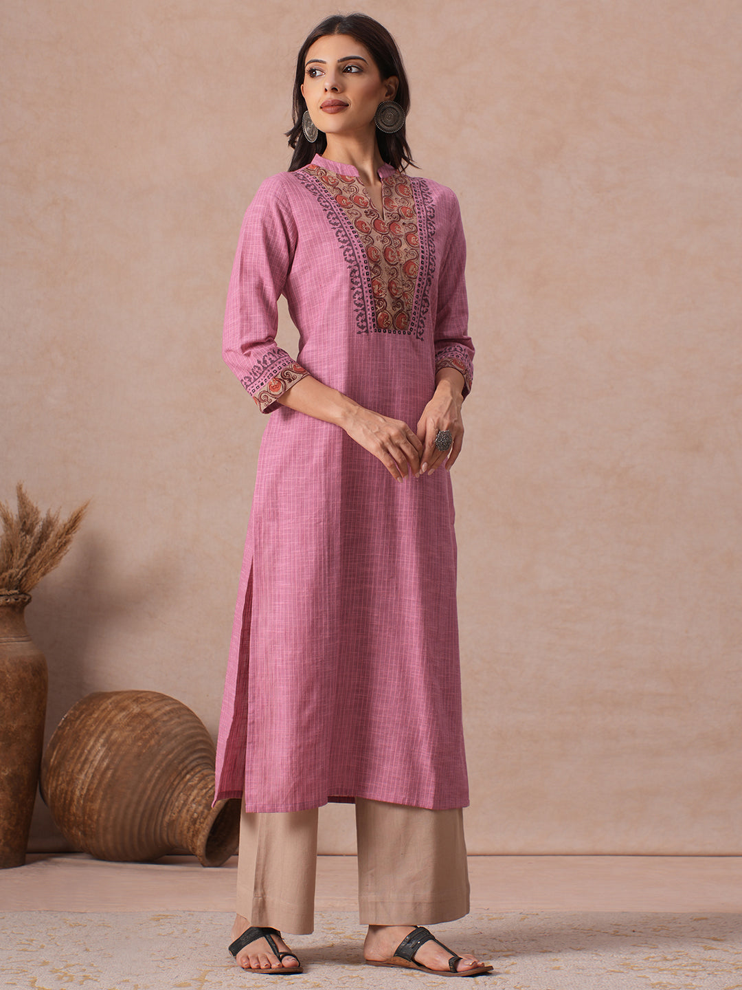 Straight Fit Woven Stripe Cotton Kurta with Kalamkari and Block Print Detailing.