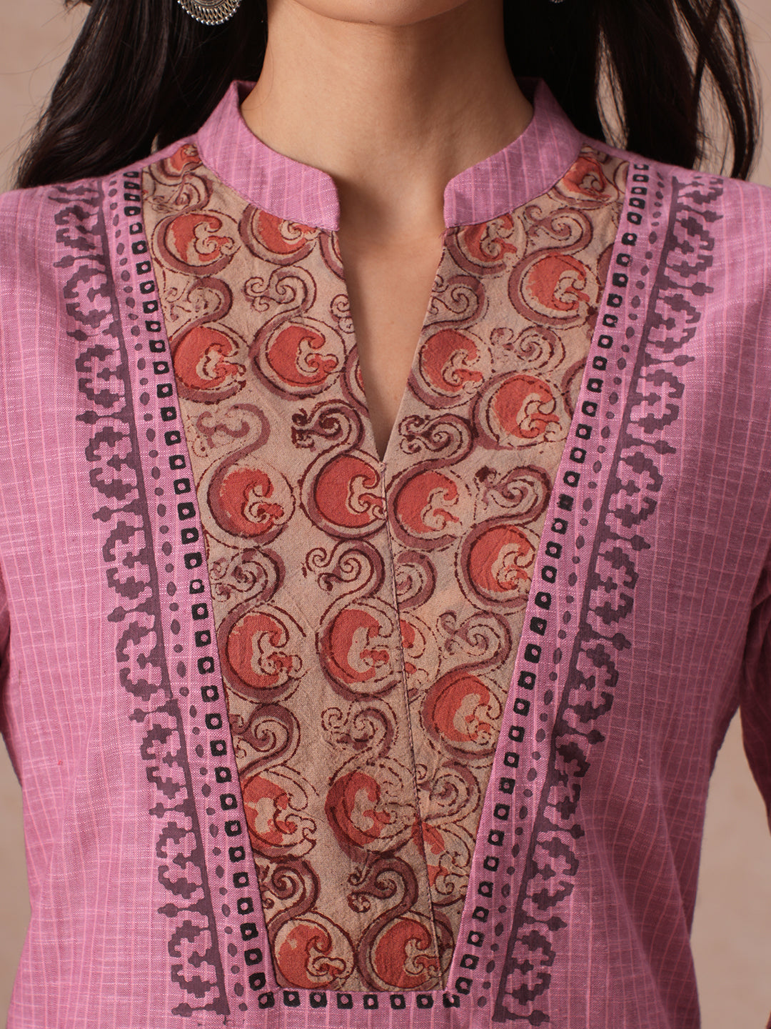 Straight Fit Woven Stripe Cotton Kurta with Kalamkari and Block Print Detailing.