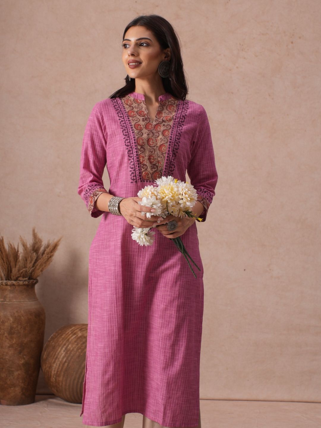 Straight Fit Woven Stripe Cotton Kurta with Kalamkari and Block Print Detailing.