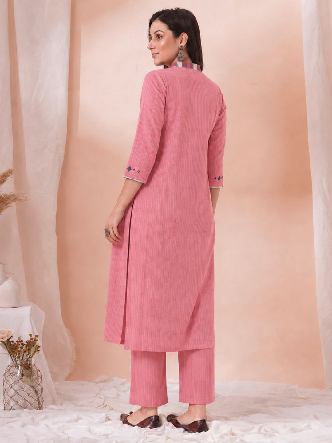 Straight Fit Dobby Kurta with Contrast Block Printed Yoke and Mirror Work.