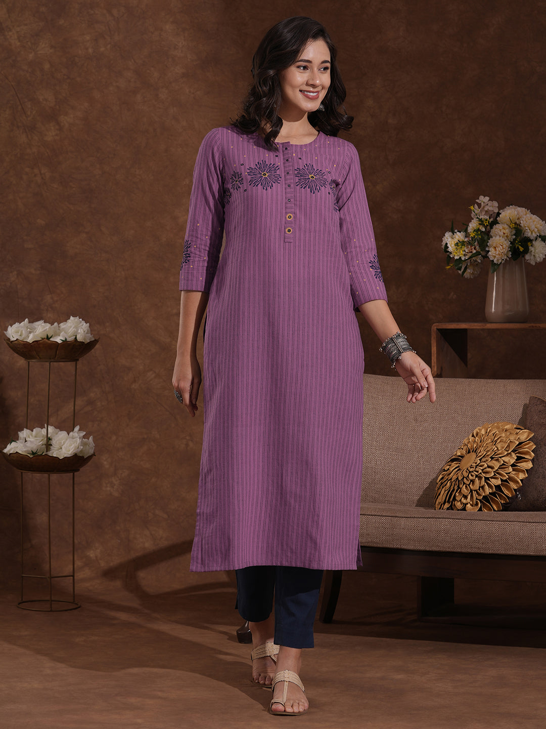Straight Fit Kurta in Cotton Kantha Stripes with Block Print and Mirror Work on Neck and Sleeves