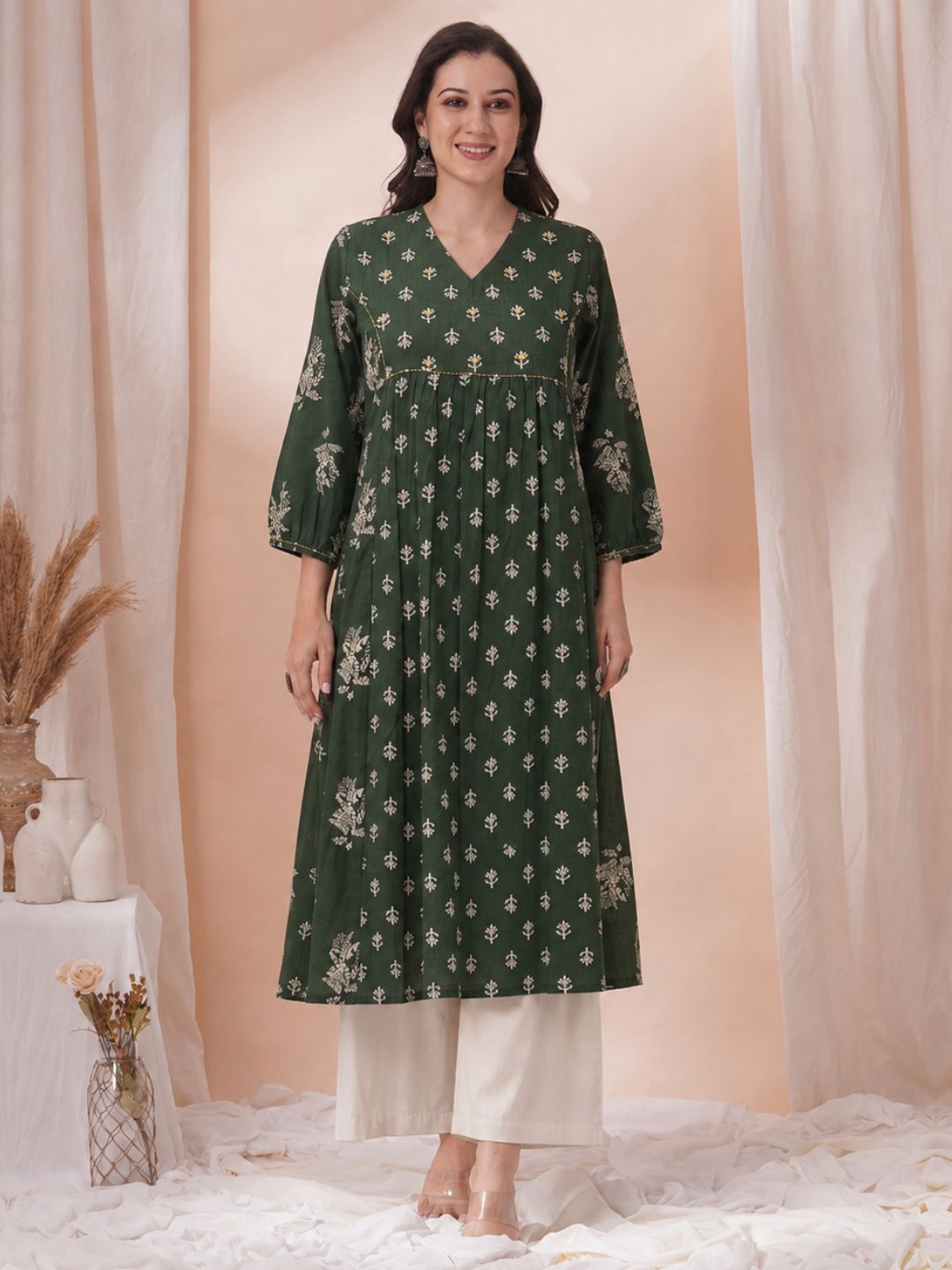 A-Line Cotton Slub Kurta with Floral Print, Handwork & Gathered Yoke.