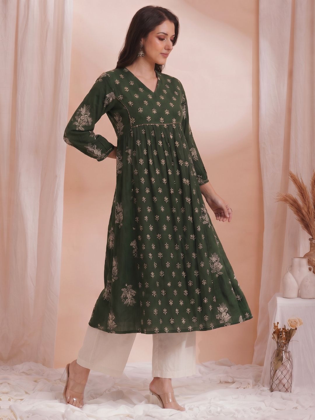 A-Line Cotton Slub Kurta with Floral Print, Handwork & Gathered Yoke.