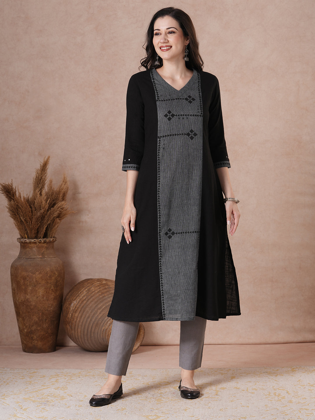 A-Line Kurta with Block Print Panel with Mirror Work & Contrast Detail.