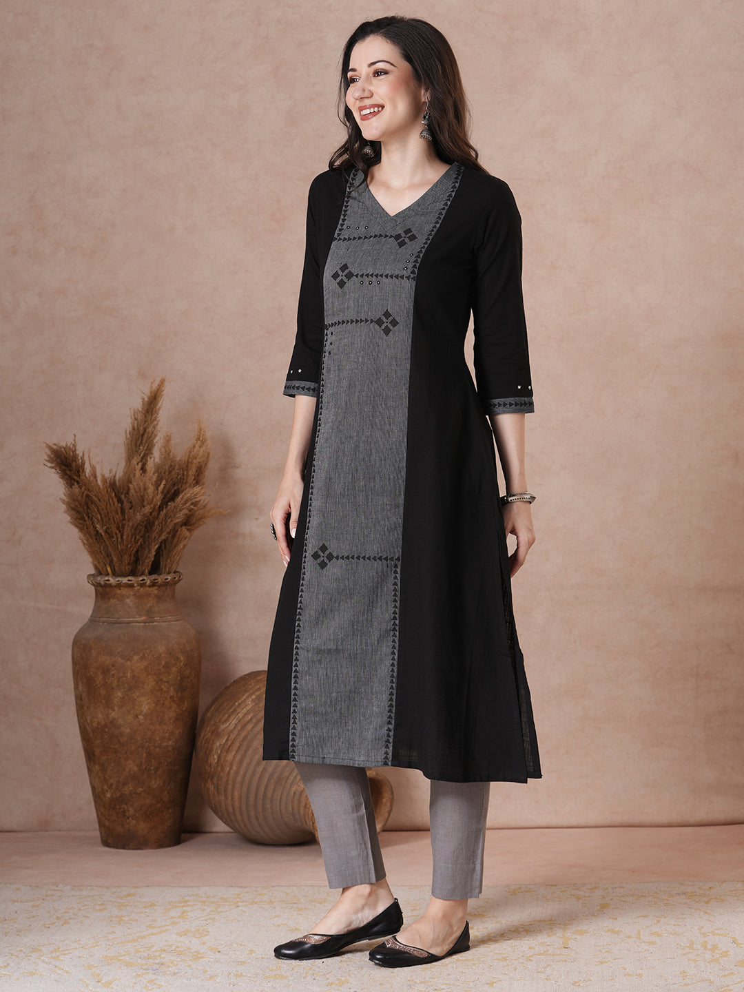 A-Line Cotton Kurta with Block Print Panel, Mirror Work and Coordinated Contrast Accents