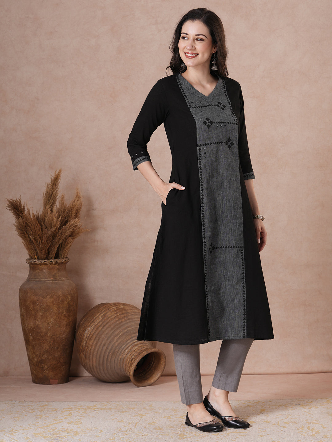 A-Line Cotton Kurta with Block Print Panel, Mirror Work and Coordinated Contrast Accents
