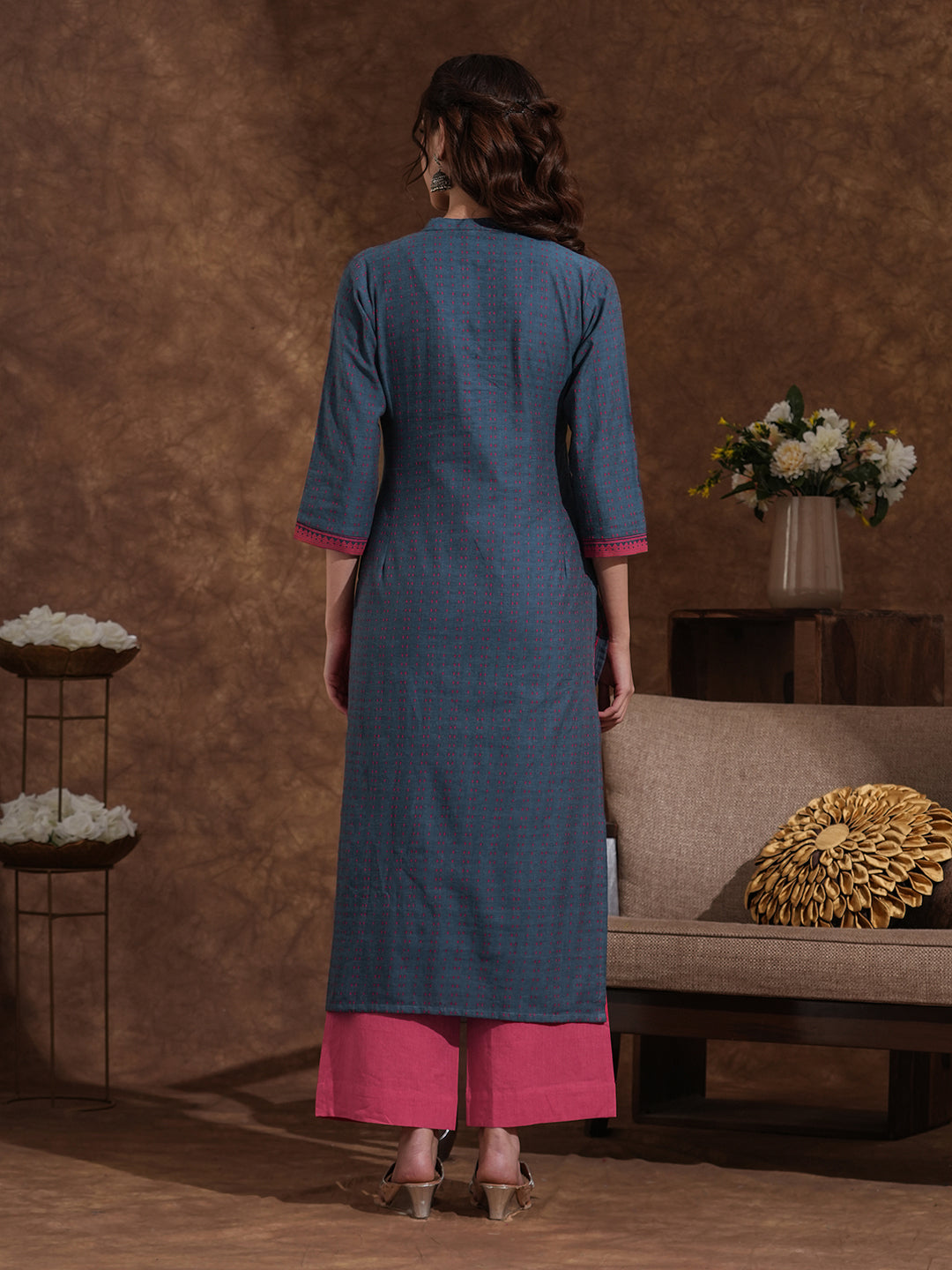 Straight Cotton Dobby Kurta with Contrast Striped Block Print Yoke and Cuff Detailing with Mirror Highlights