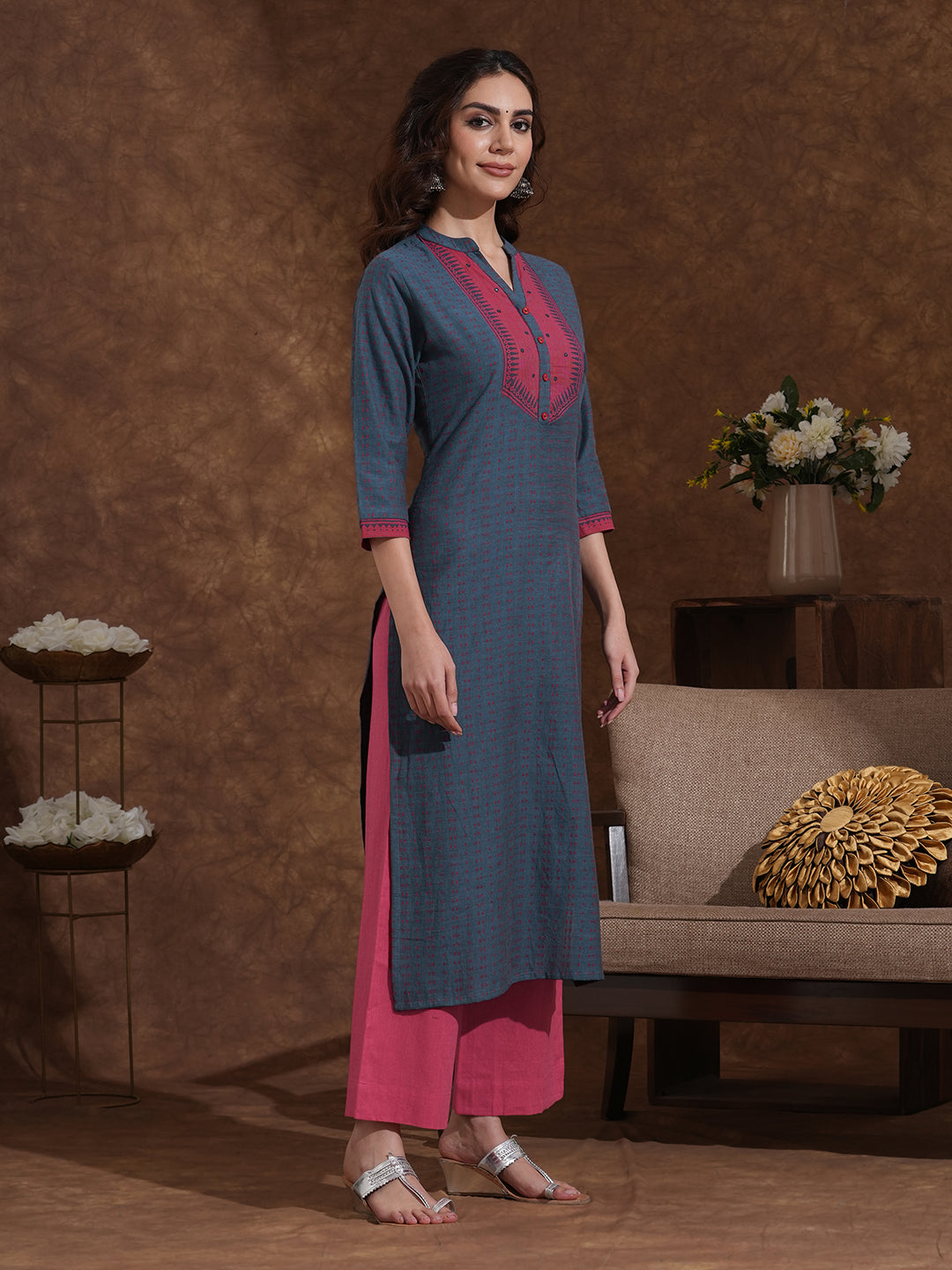 Straight Cotton Dobby Kurta with Contrast Striped Block Print Yoke and Cuff Detailing with Mirror Highlights