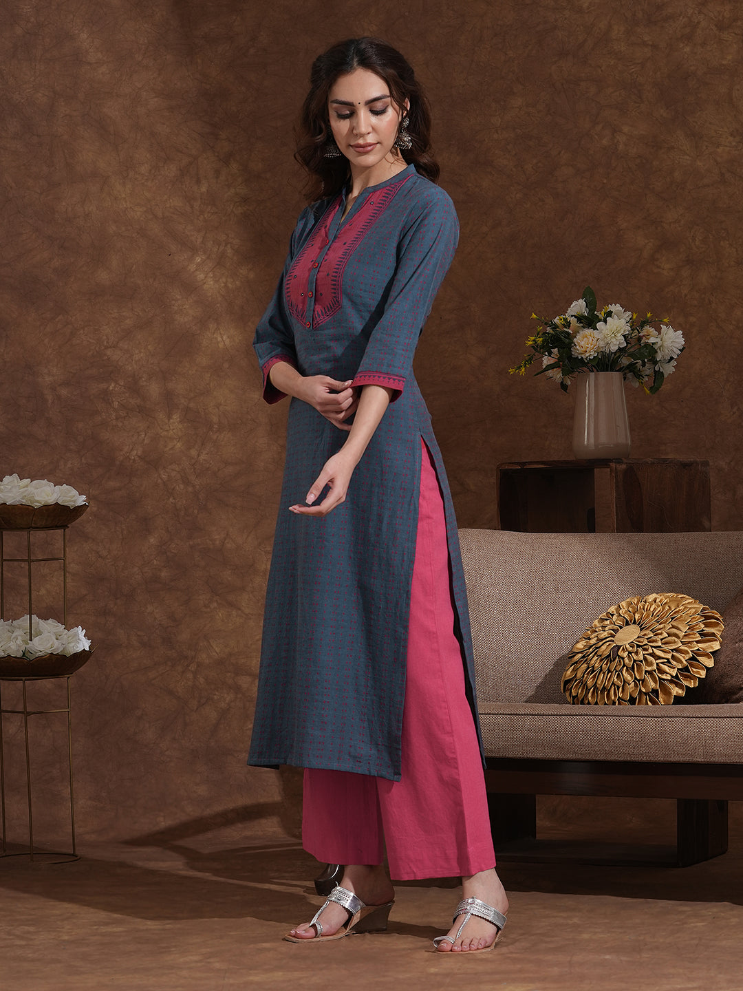 Straight Cotton Dobby Kurta with Contrast Striped Block Print Yoke and Cuff Detailing with Mirror Highlights