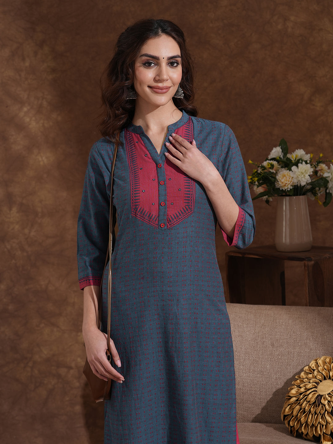 Straight Cotton Dobby Kurta with Contrast Striped Block Print Yoke and Cuff Detailing with Mirror Highlights