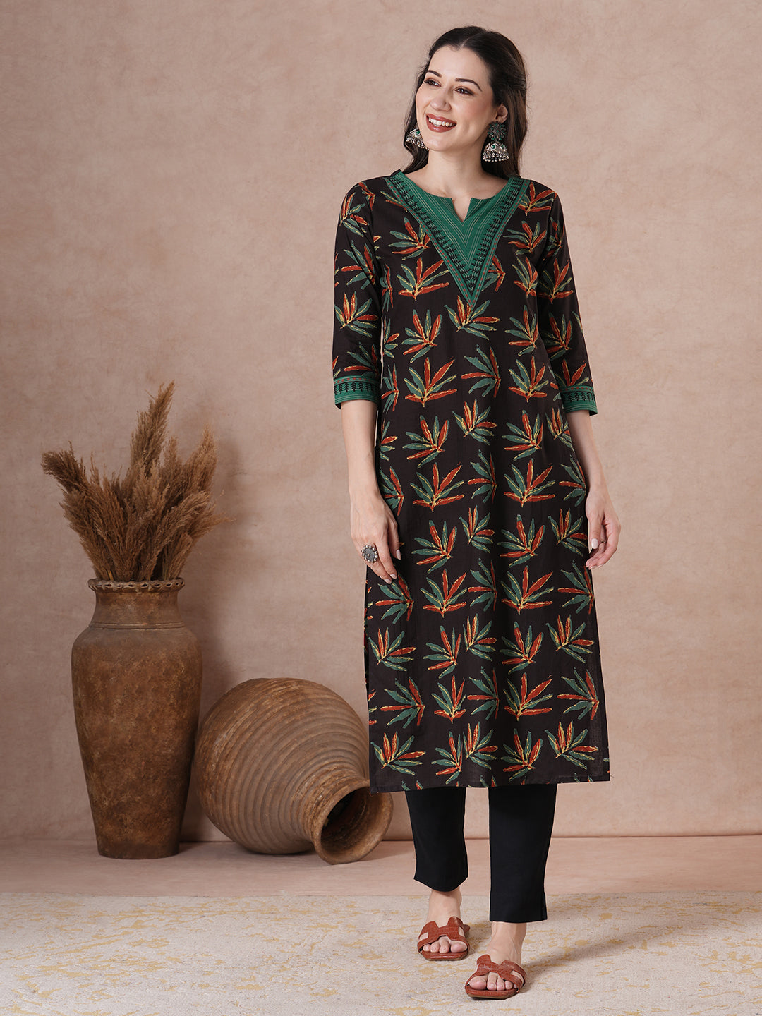 Printed Straight Kurta with Striped Block Print Yoke & Cuff.