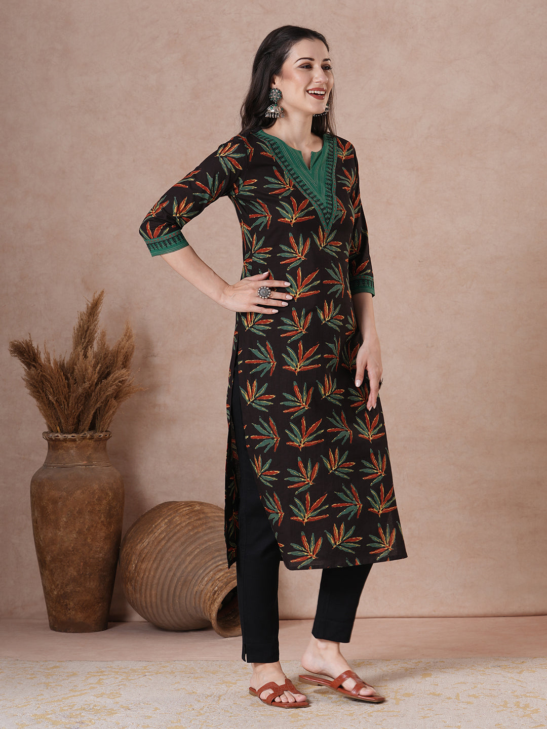 Straight Fit Cotton Printed Kurta with Striped Block Print Yoke & Cuff Detailing