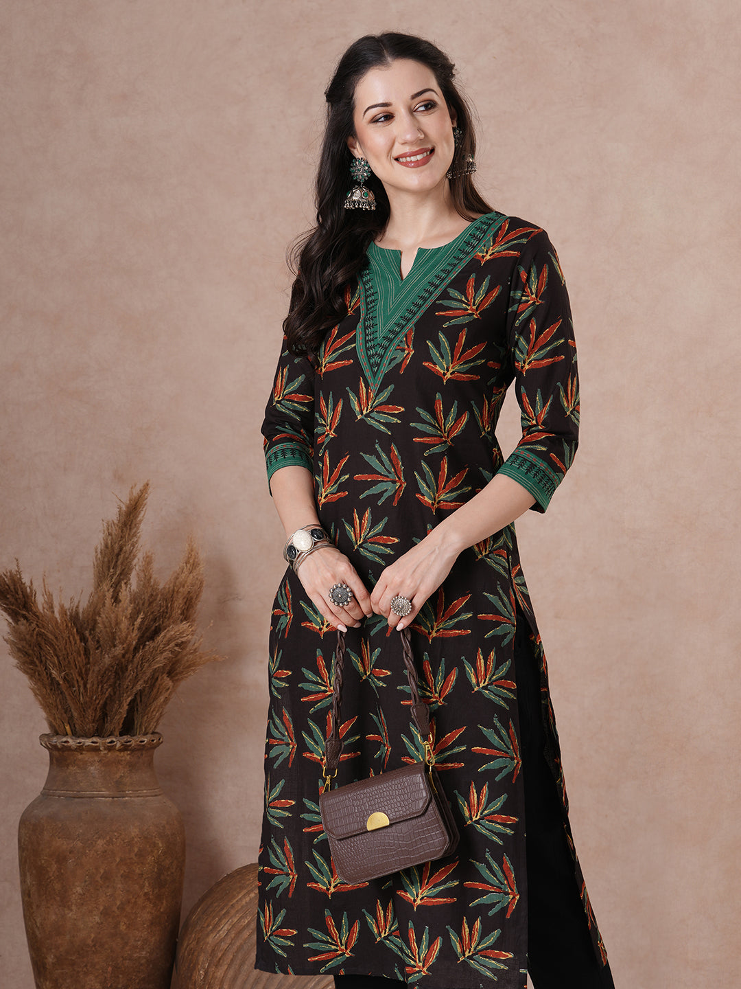 Straight Fit Cotton Printed Kurta with Striped Block Print Yoke & Cuff Detailing