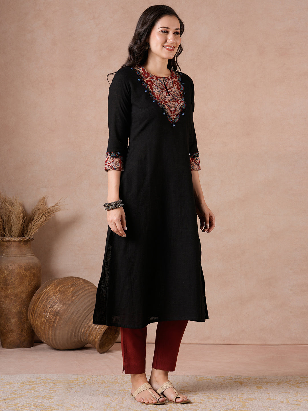 A-Line Kurta with Kalamkari Cutwork, Machine Embroidery & Hand Print.