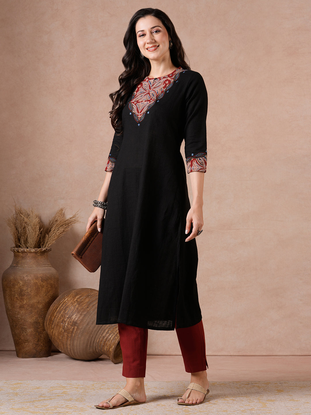 A-Line Kurta with Kalamkari Cutwork, Machine Embroidery & Hand Print.