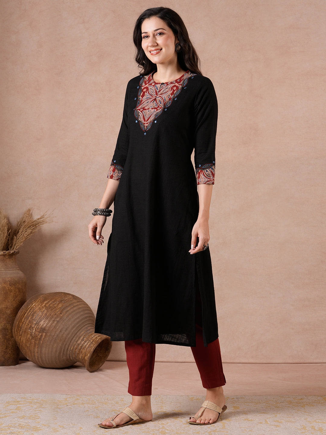 A-Line Kurta with Kalamkari Cutwork, Machine Embroidery & Hand Print.