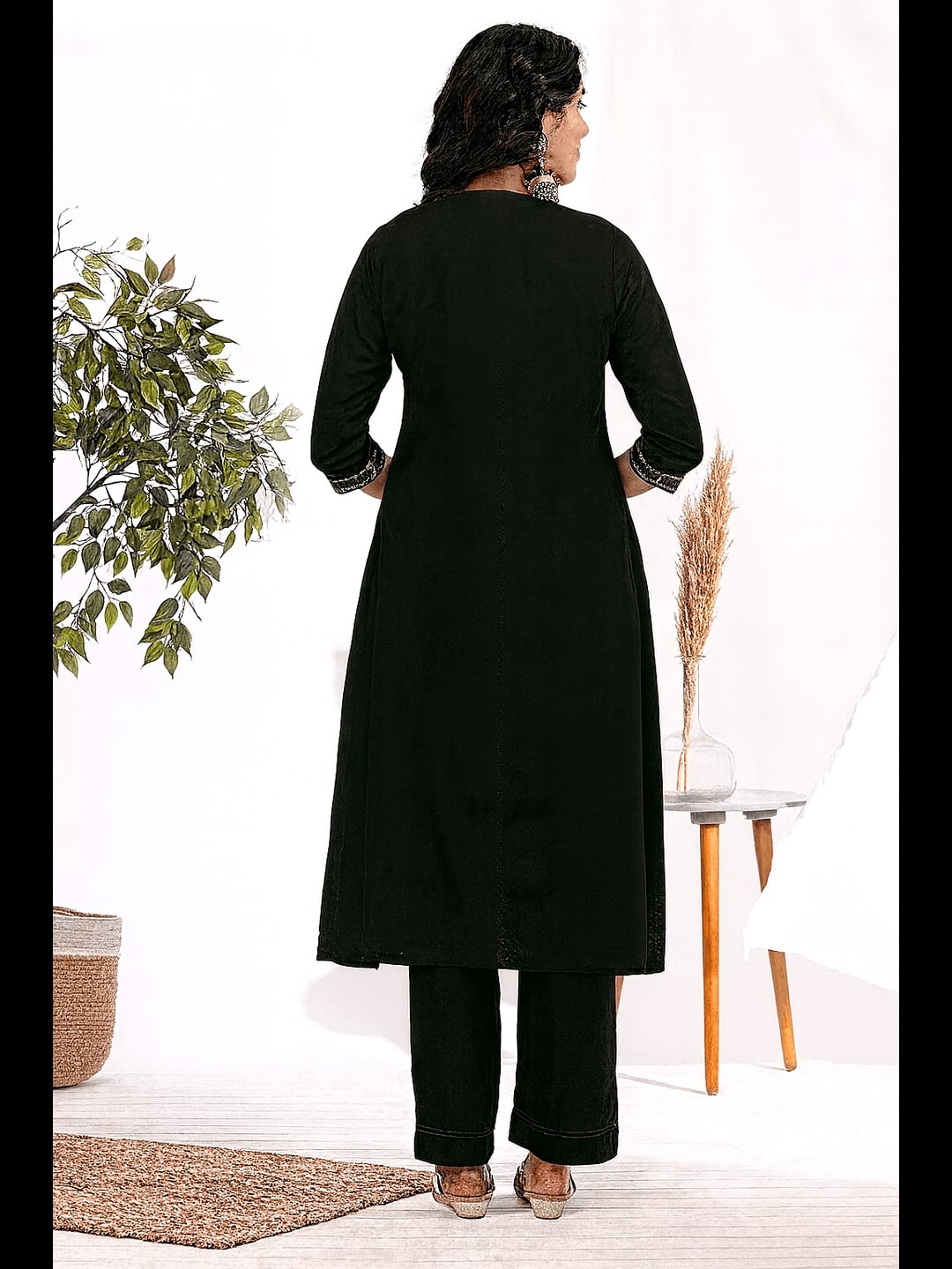 A-line embroidered silk blend kurta set paired with lined palazzo