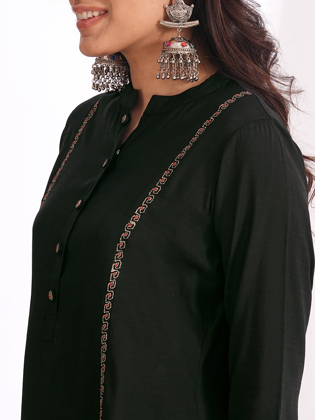A-line embroidered silk blend kurta set paired with lined palazzo