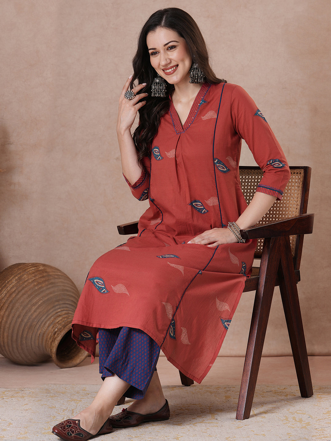Red abstract printed A-Line Kurta Palazzo Set.