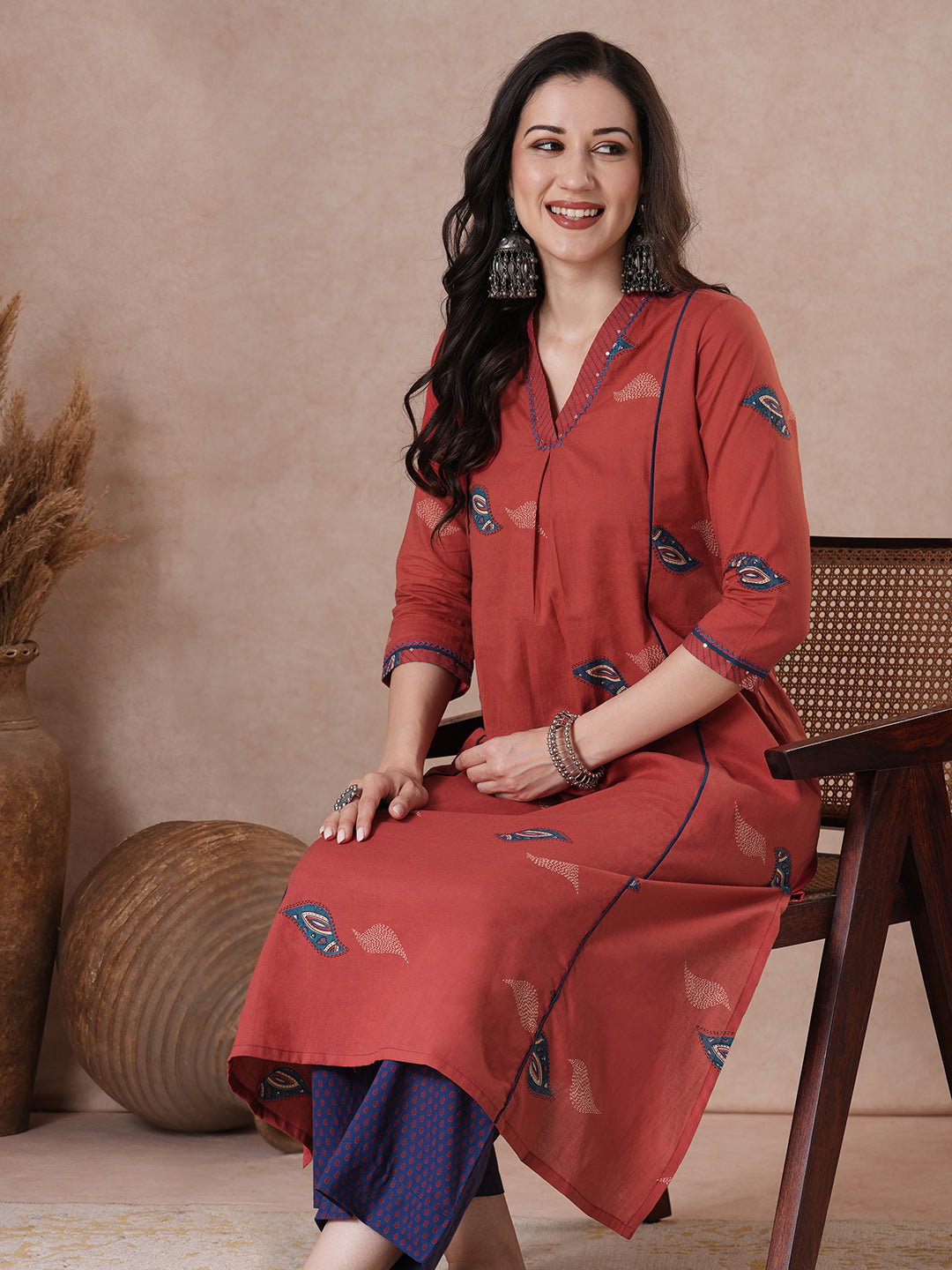 Red abstract printed A-Line Kurta Palazzo Set.