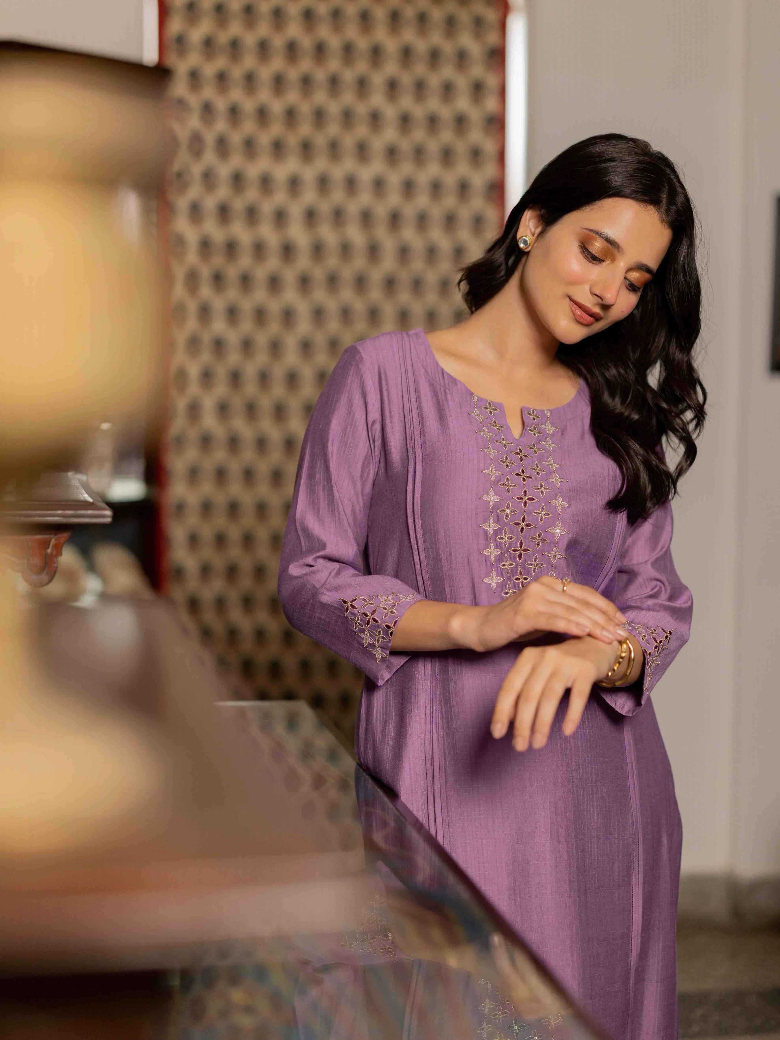 Party Edit- Straight fit art silk kurta with shaded embroidery paired with lined pants.