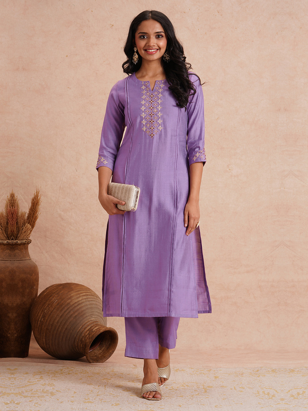 Party Edit- Straight fit art silk kurta with shaded embroidery paired with lined pants.