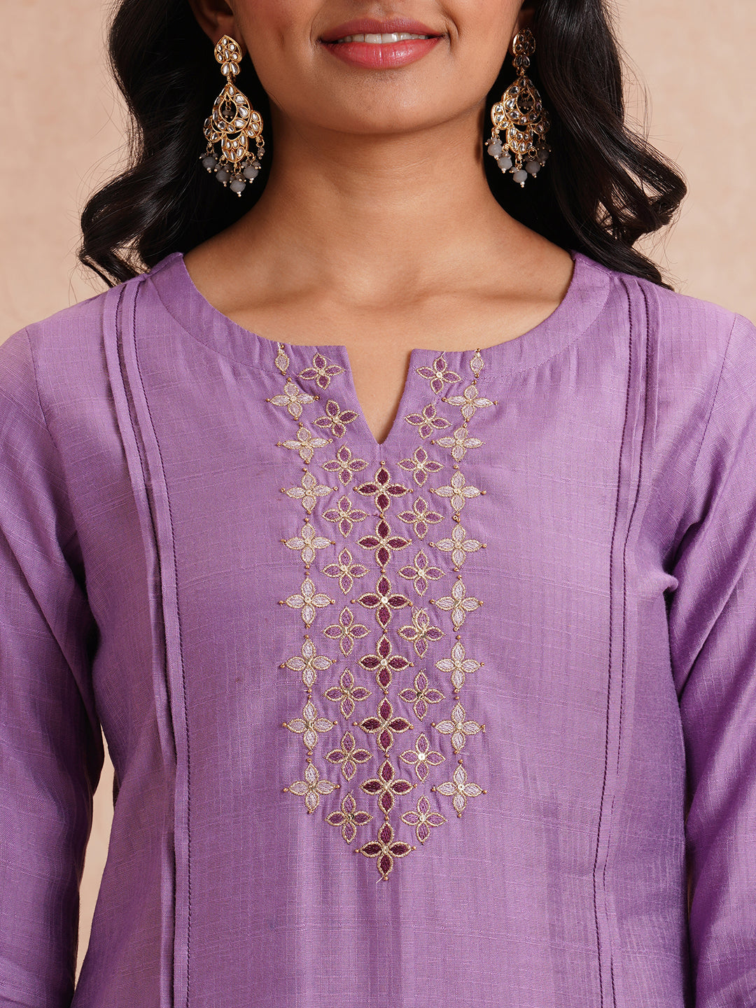 Party Edit- Straight fit art silk kurta with shaded embroidery paired with lined pants.