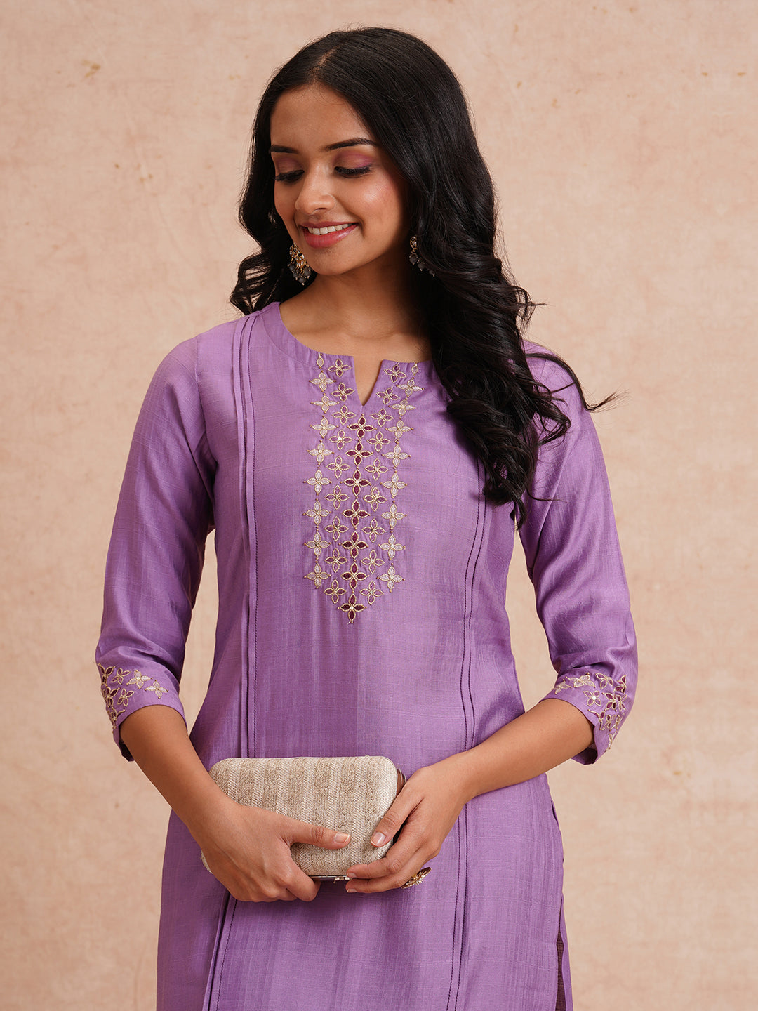 Party Edit- Straight fit art silk kurta with shaded embroidery paired with lined pants.