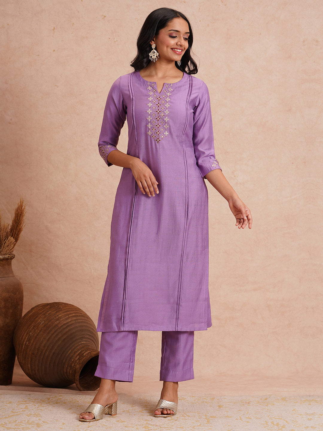 Party Edit- Straight fit art silk kurta with shaded embroidery paired with lined pants.