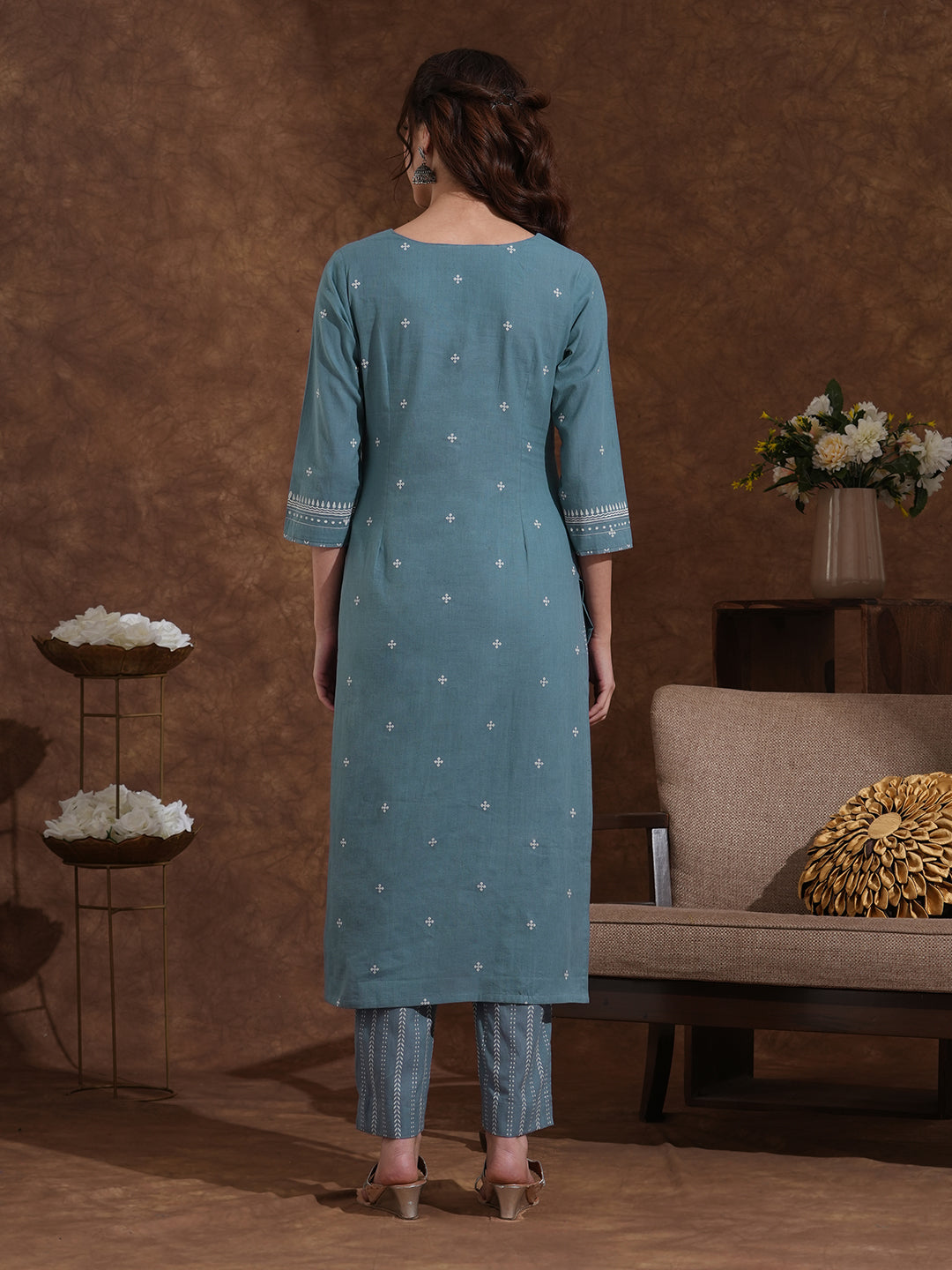 Straight fit kurta pant set in cotton dobby fabric with hand block print.