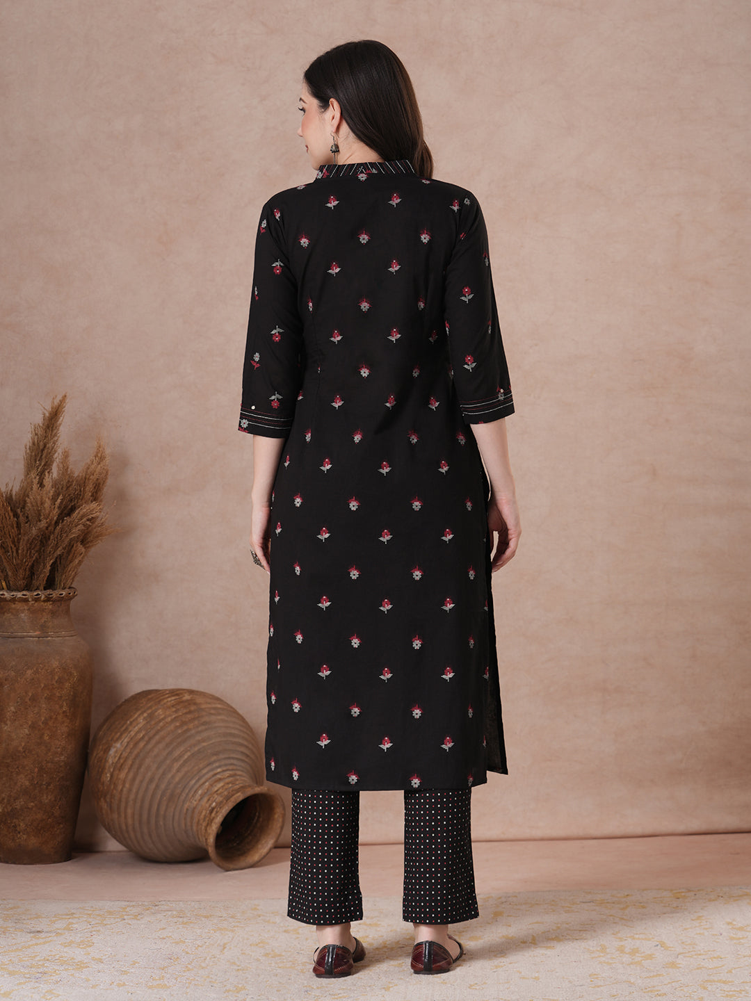 Printed Cotton Handcrafted Mirror Work Kurta Pant Set.