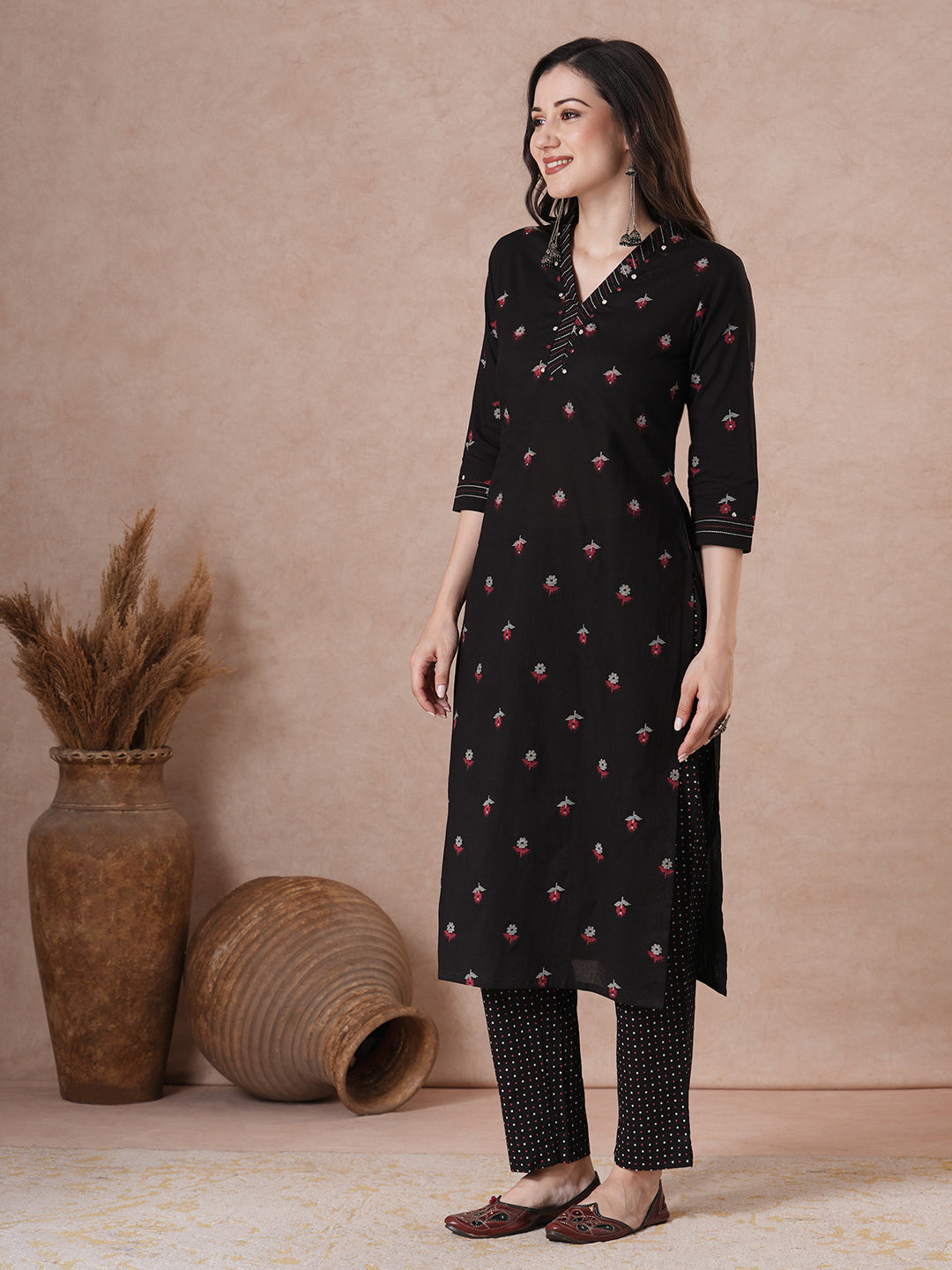 Printed Cotton Handcrafted Mirror Work Kurta Pant Set.