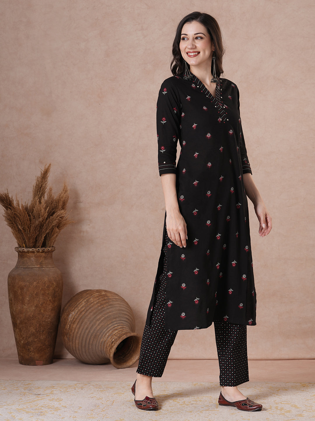 Printed Cotton Handcrafted Mirror Work Kurta Pant Set.