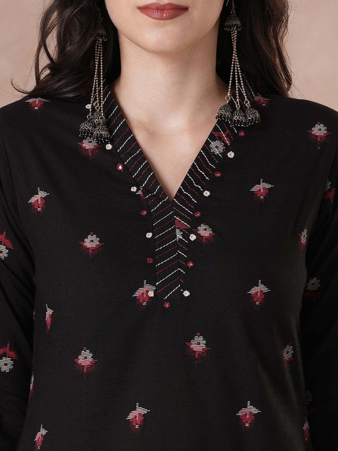 Printed Cotton Handcrafted Mirror Work Kurta Pant Set.