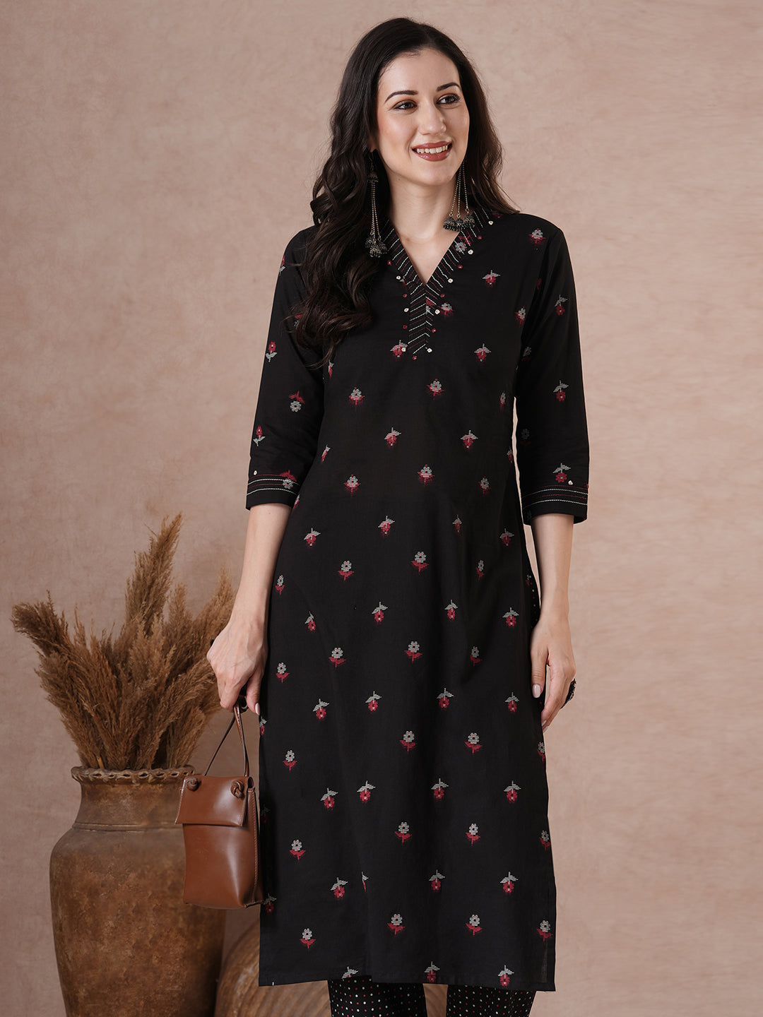 Printed Cotton Handcrafted Mirror Work Kurta Pant Set.