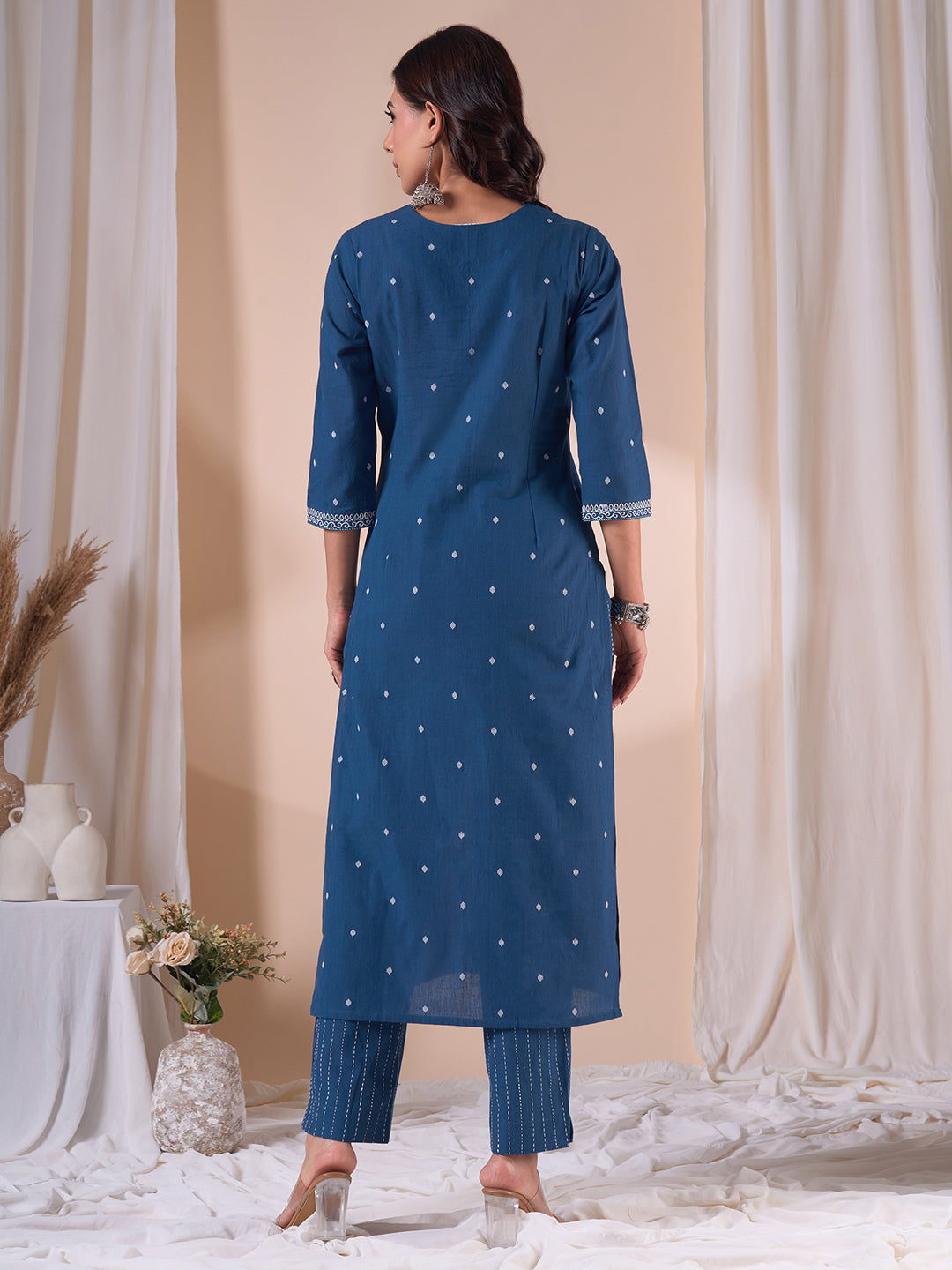Cotton Dobby Straight Kurta Set with Resham Embroidery and Striped Kantha Pants.